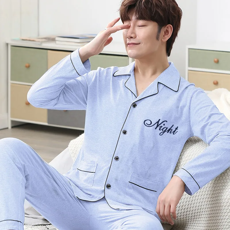 Men Pure Cotton Pajamas Suit Spring Autumn Long-sleeved Loungewear 100% Cotton Sleepwear Male Soft Breathable Nightcloth Gents