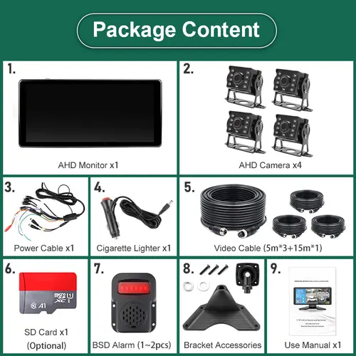 Imagen 2 del producto Monitor grabador DVR para coche, 10,36 pulgadas, 4 canales, Radar de punto ciego inteligente, alarma BSD, camión, autobús, con 4 Uds., cámara IR AHD 1080P