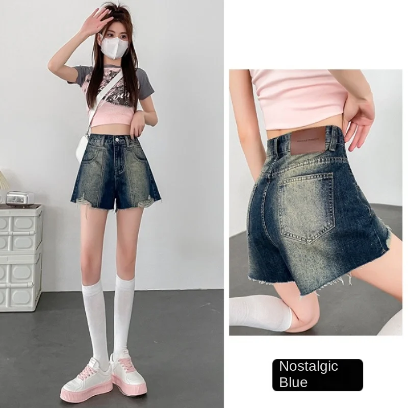 Retro High Waist Slimming Denim Shorts for Women Summer Thin Wide Leg A-Line Shorts Small Size Classic Blue Jeans Shorts