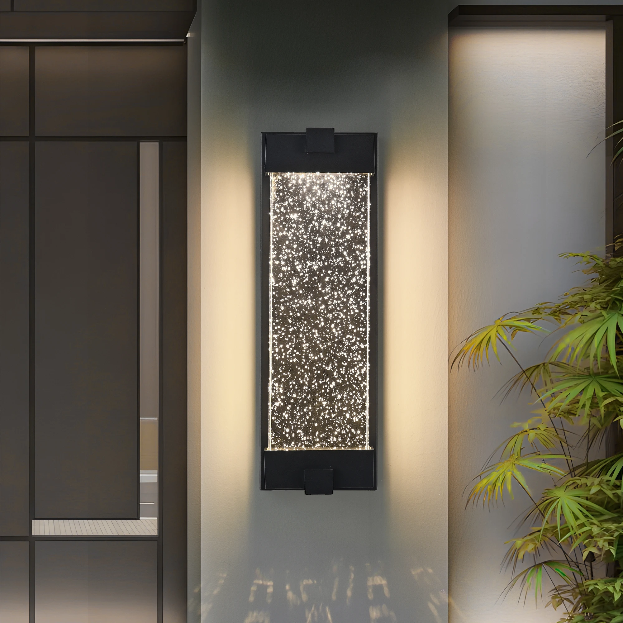 Black Aluminum Finish Outdoor Wall Light with Bubble Crystal Glass, LED Light Source, 3000K Warm Light, Weatherproof