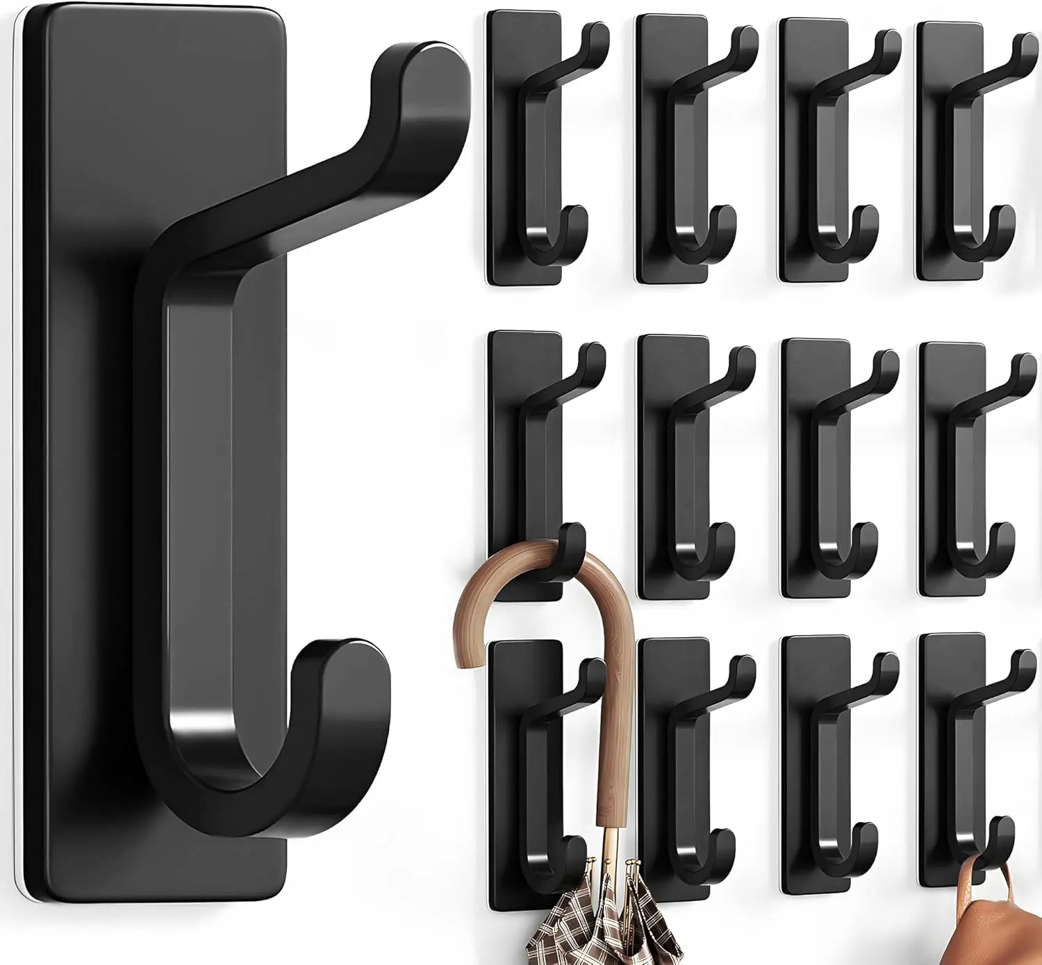 

12 Pack Wall Hooks for Coat and Towel, 13LB Adhesive Door Hanger Stick on, Black Double Hook Design