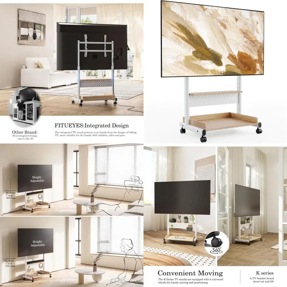 

Регулируемая подставка для телевизора на колесах для телевизоров 40-85 дюймов, мобильная тележка для хранения с перфорированной панелью и деревянной полкой, выдерживает до 132 фунтов (около 60 кг)