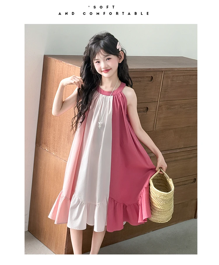 Mädchenkleid mit süßem Farbblock-Design für Sommerkostüme, Baumwolle, hohe Qualität, Kinderkleidung für Alter 7 8 9 10 12 14 Jahre – Detail 15