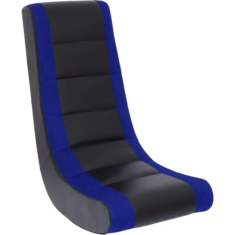 Classic Video Rocker Floor Gaming Chair Racing Stripe PU Faux Leather & Polyester Mesh, Black/Blue