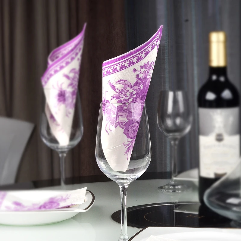 10/20pcs/Pac Purple Classic Gardenia Colourful Printed Napkin Wedding Facial Napkin Placemat Wine Glass Flower Arrangement Paper