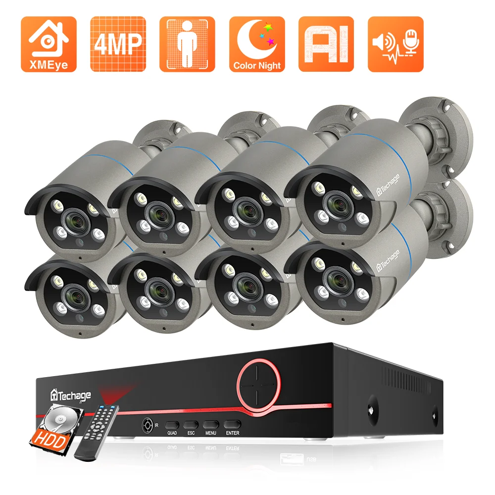 Techage 8CH 4MP PoE IP-Kamera CCTV-Sicherheitssystem H.265 Gesichtserkennung 2-Wege-Audio Überwachung P2P Video NVR Kit XMEYE PRO ICSEE