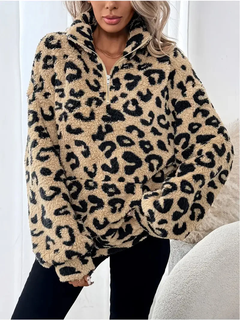 Damska bluza w panterkę na jesień i zimę, nowa, codzienna, ciepła, pluszowa, z długim rękawem, stójką, zapinana na zamek, z kieszeniami.