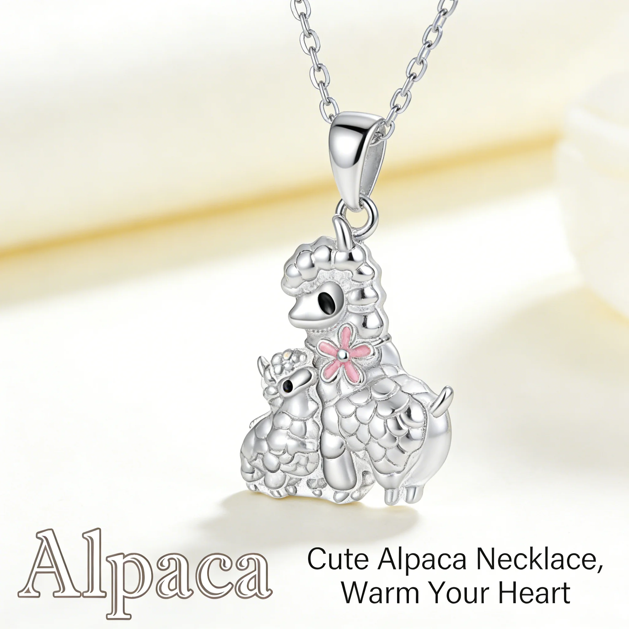 Cute Mother Baby Alpaca Pendant Necklace Silver Tone with Pink Flower Zinc Alloy Animal Jewelry for Women Alpaca Lovers Gift