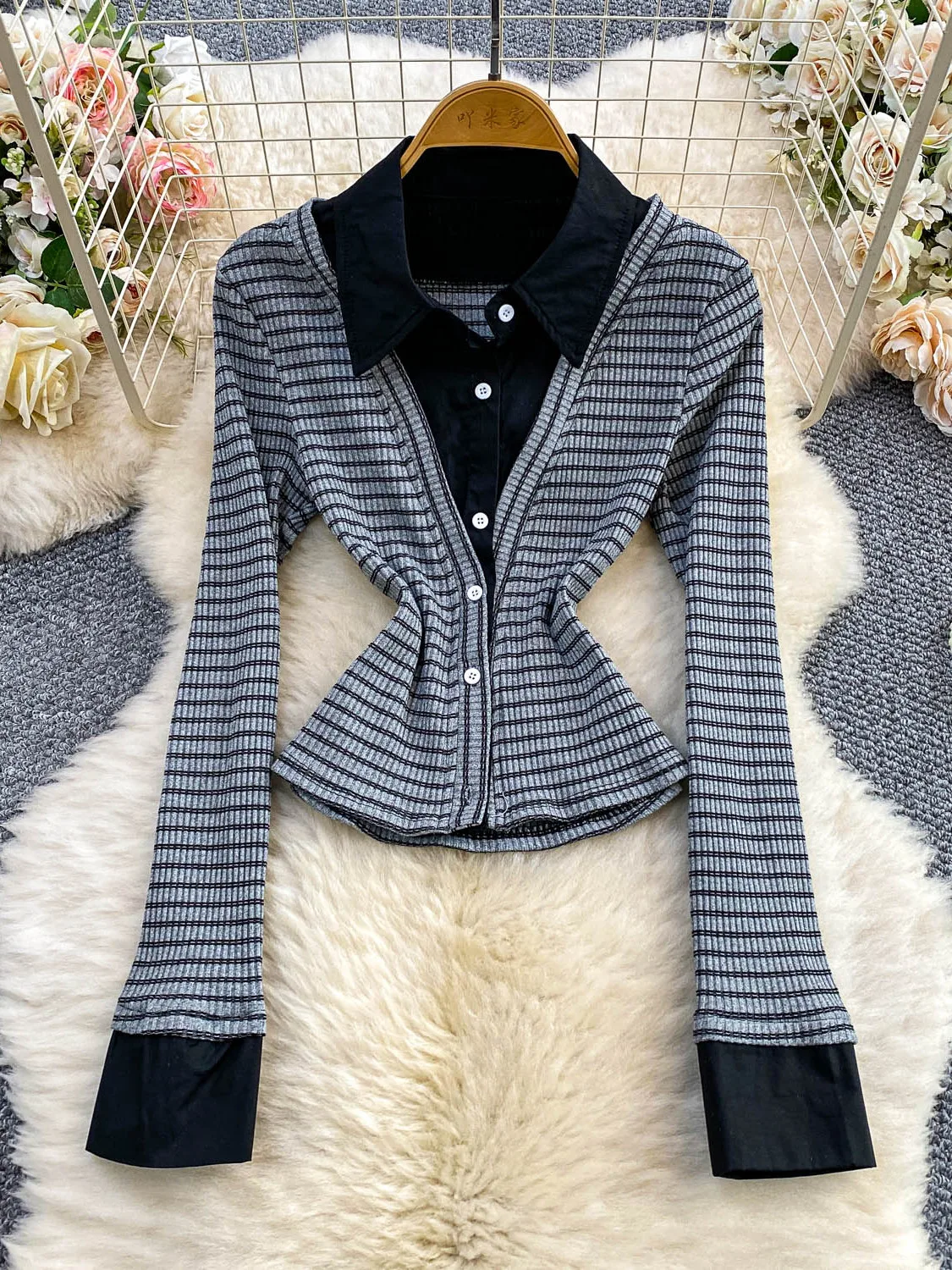 

Faionable Striped Knitted irt Women's Slim Fit Button up Collar Patchwork Design Commute Sle mid Thin Long Sve