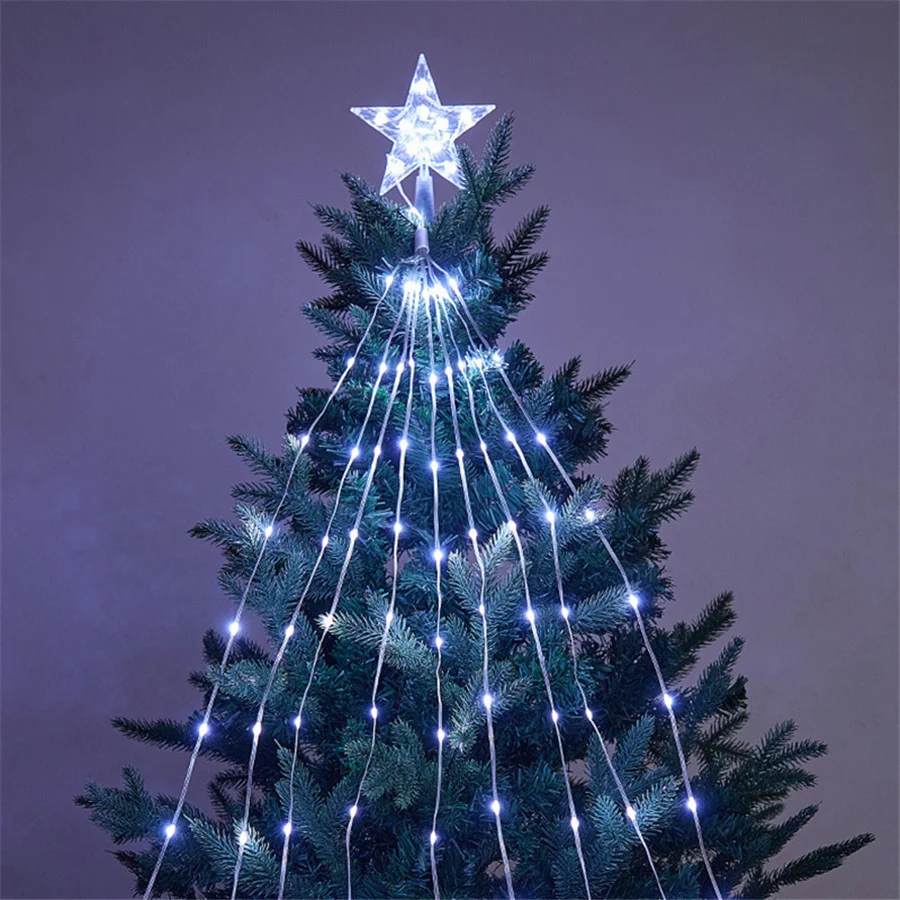 LED Five-pointed Stars Waterfall Fairy Lights Outdoor USB Remote Christmas Garland String Lights for Garden Party New Year Decor