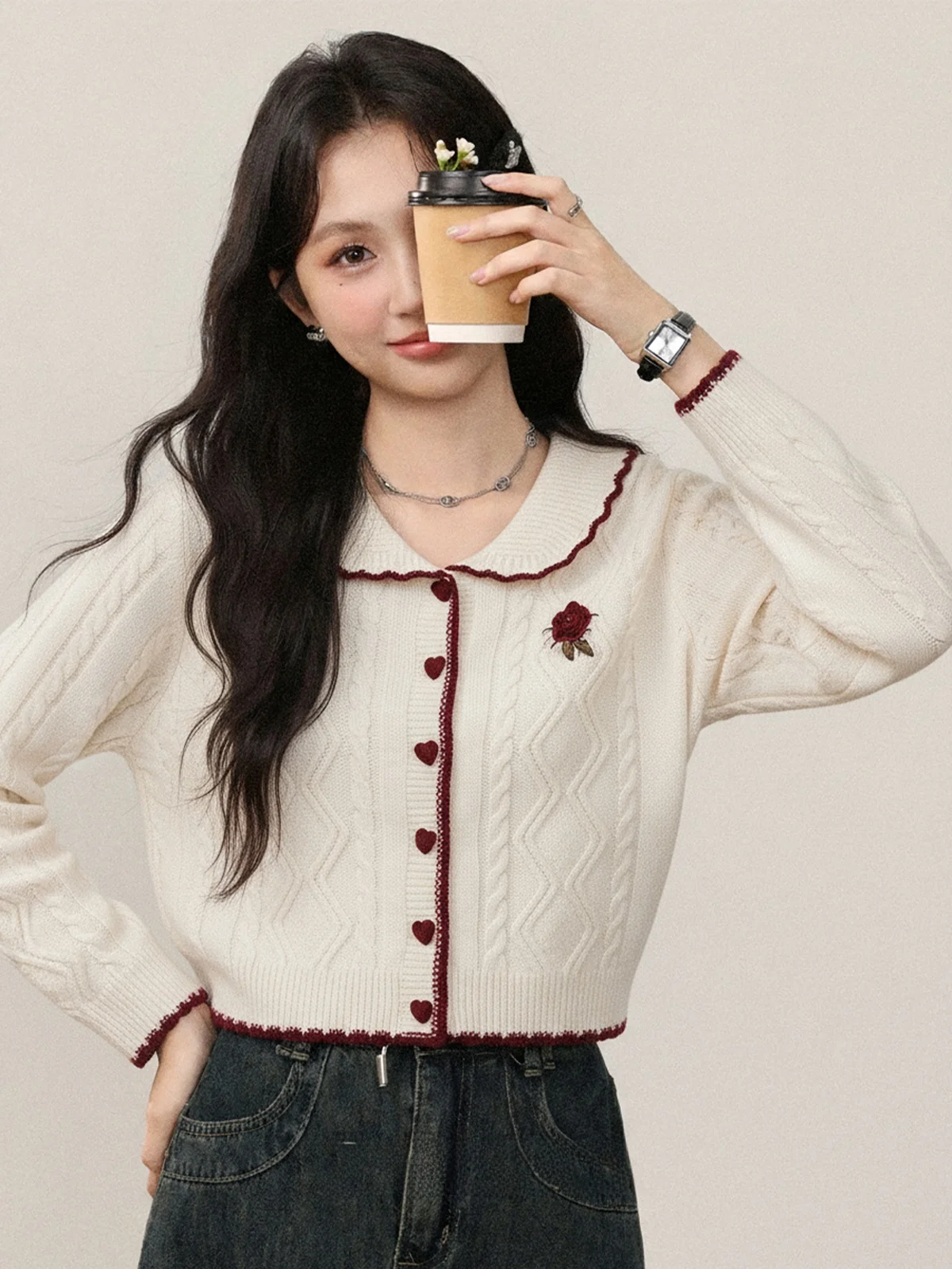 

Autumn Winter Oaeal Color Knitted Sweater Women's Doll Collar Embroidered Love Heart Soft Cozy Top Commute Sle Loose Fit