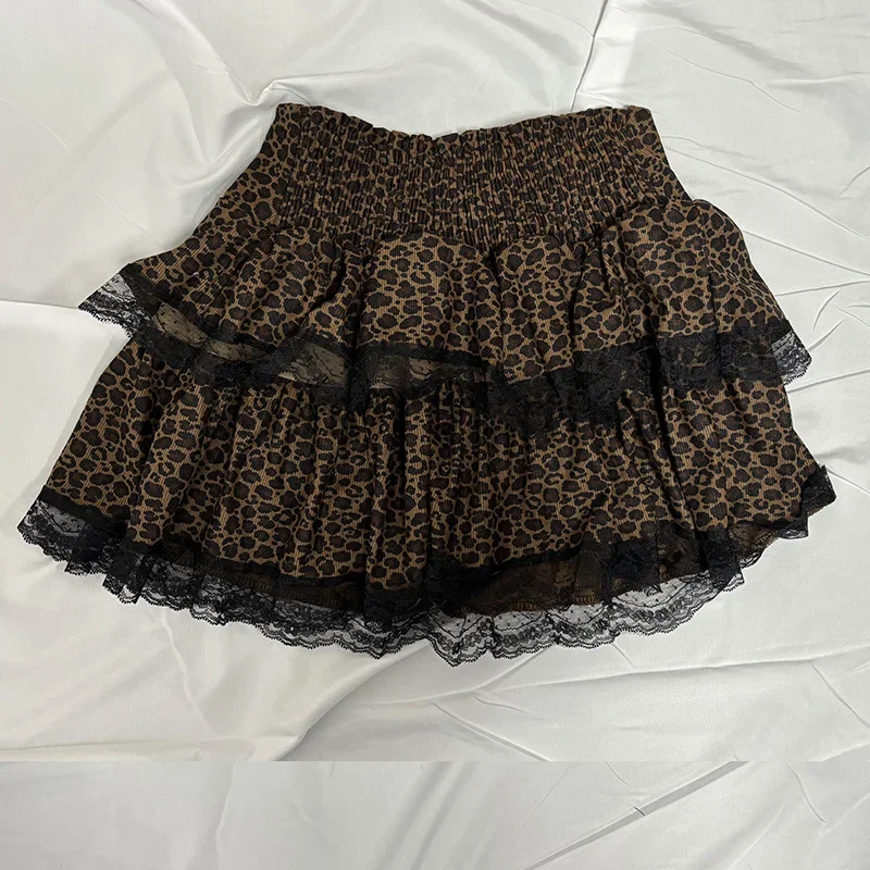 Harajuku Girls Leopard Print Punk Grunge Skirts Women 2000s Y2k Aesthetic Cake Skirt Streetwear Lace Vintage Kawaii Mini Clothes