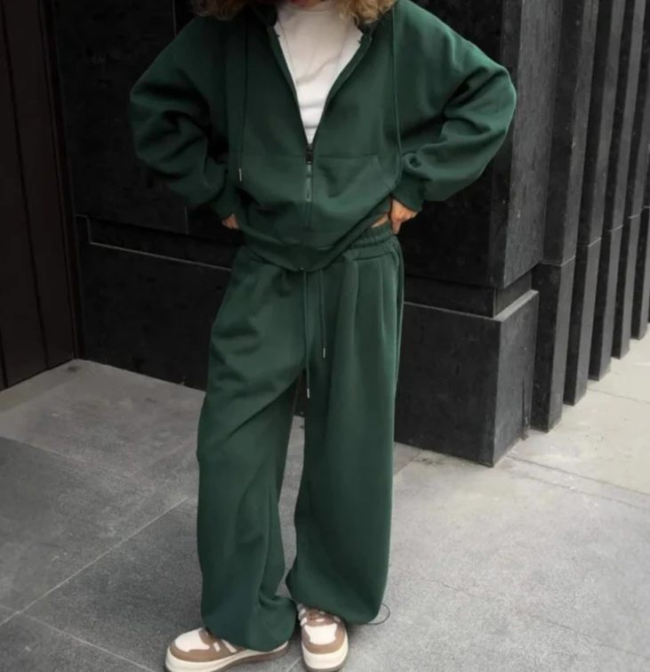 

Two-Piece Set SolidEuropean American INS Style Women's Casual Sleeve Hooded Sports Cardigan and Long Pants