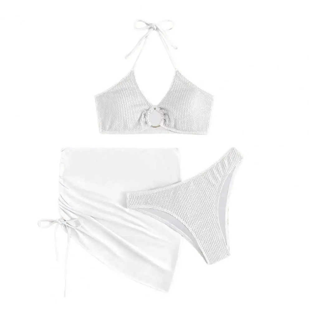 Conjunto de biquíni sexy feminino, pescoço da cabeçada, maiô com cordão, saia plissada sem encosto, beachwear, maiô de verão, 3 peças