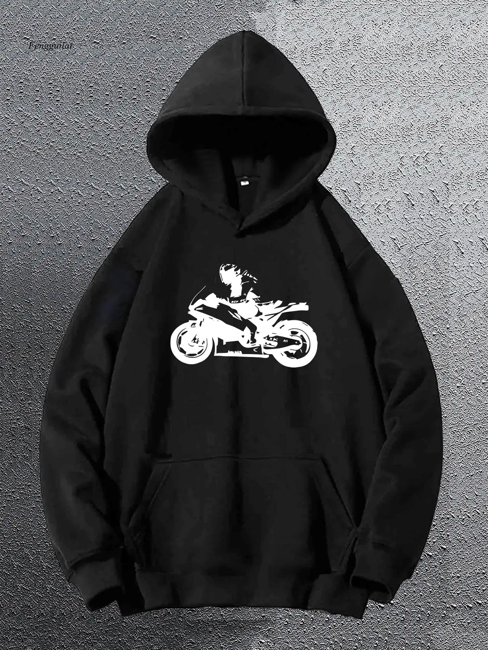 

Толстовка с капюшоном и графическим принтом для девочек-мотоциклистов — черный повседневный пуловер с карманом-кенгуру и длинными рукавами свободного покроя