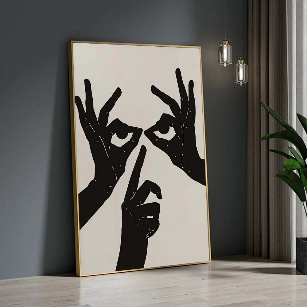 

Modern Black And White Surrealism Art Prints Finger Gesture Face Wall Decor Canvas Poster Abstract Painting For Living Room