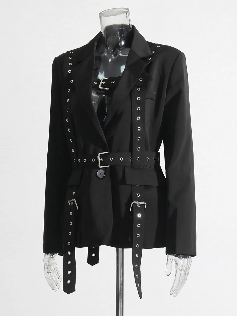 Frauen Einfarbig Temperament Anzug Jacke 2025, Herbst Kerb Einreiher Gürtel Schlank Biker Motor Stil Casual Blazer