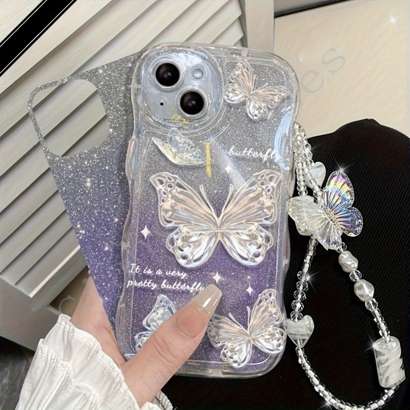 INS Butterfly Pattern Cream Wavy-edge Phone Case For iPhone 17 16 15 14 13 12 11 Pro Max 16E With Butterfly Bead String Cover view 2