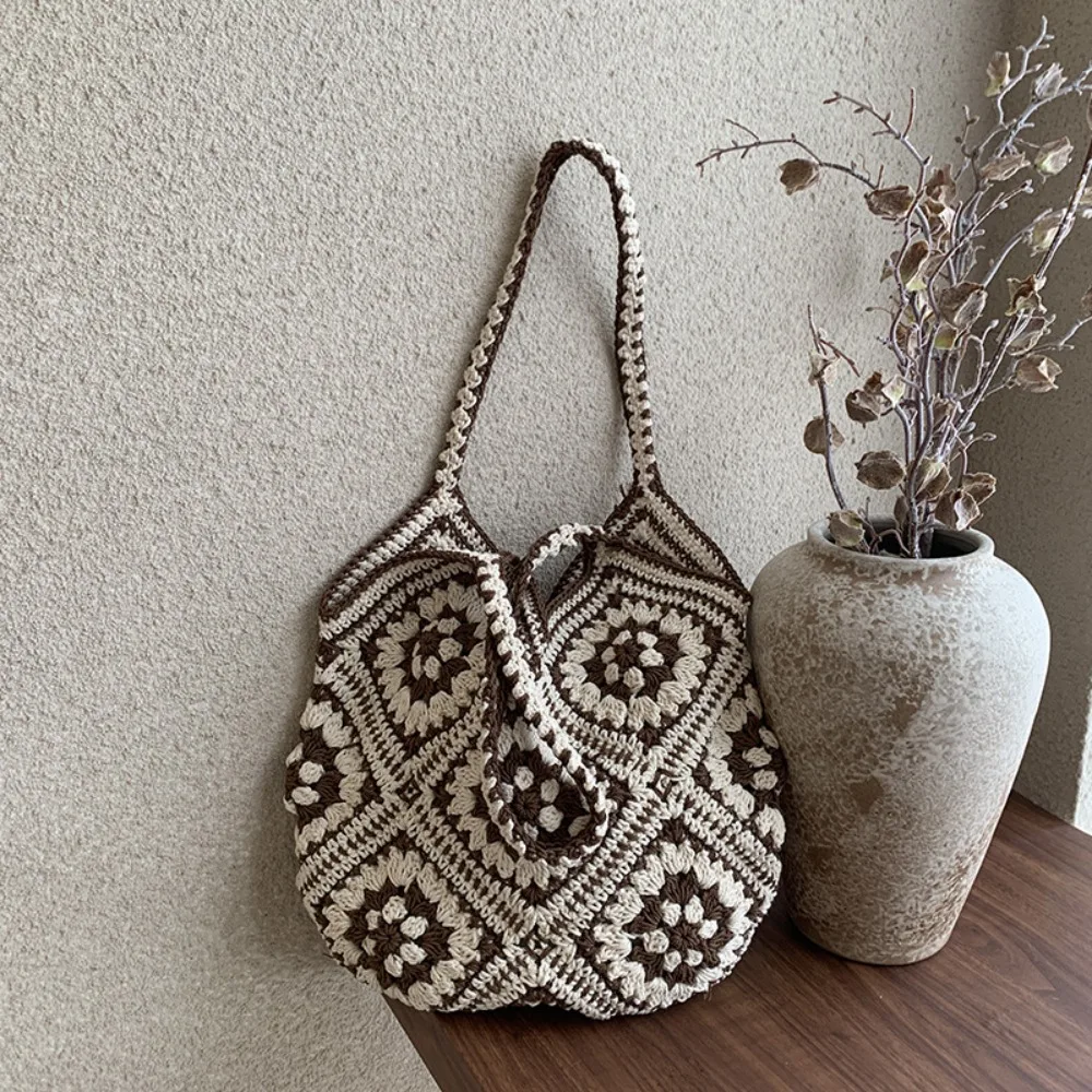 

Portable Bohemian Crochet Tote Bag Large Capacity Ethnic Style Knitted Bag Hollowed Out Handbag Weave Bag Storage Bag