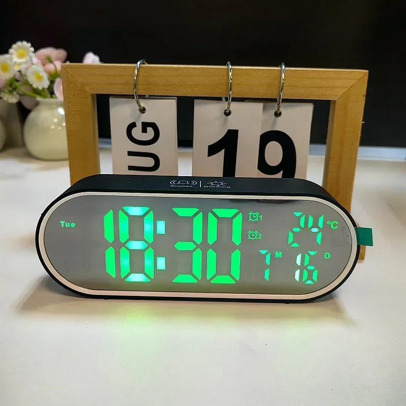 Digital Alarm Clock TEMP Date Week 2 Alarms Night Mode Snooze 12/24H Anti-disturb Voice Control Rechargeable LED Mirror Clock