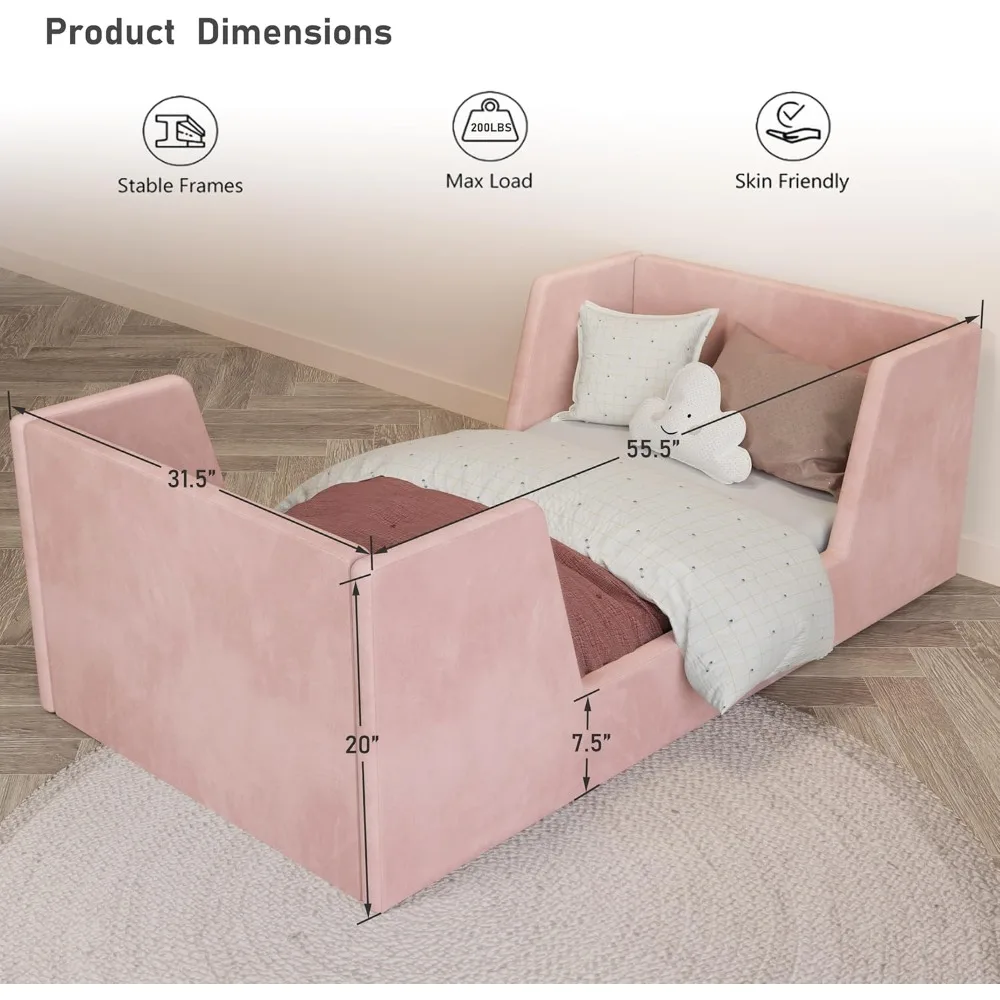 幼児用ベッド、ガードレール付き幼児用フロアベッドフレーム、2～6歳向け子供用ベッド、女の子と男の子向けの小さなベッド、標準サイズ