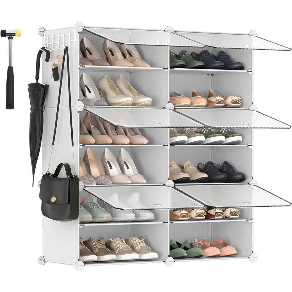 

Shoe Rack, 6 Cubes Shoe Organizer with Doors, 24 Pair Plastic Shoe Storage Cabinet, for Bedroom, Entryway, Steel Frame