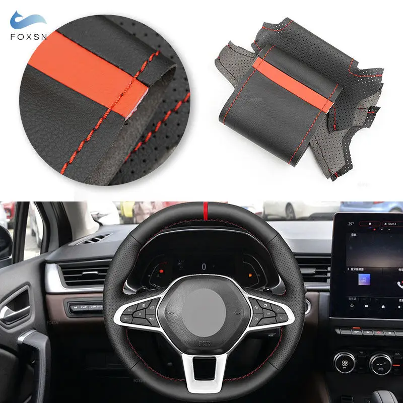 Car Steering Wheel Cover Black Perforated Leather Trim For Renault Clio 5 V Zoe Captur 2019 2020 with Red Strip Threads Needles