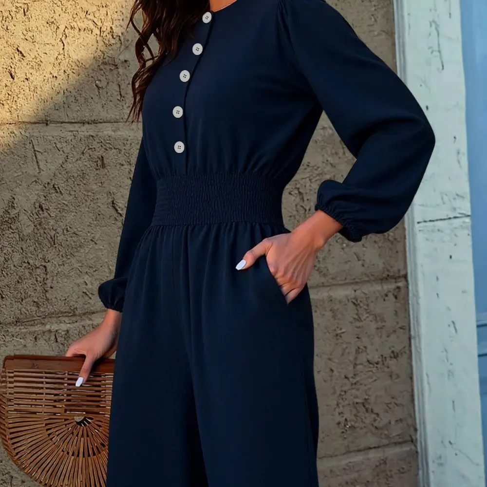 

Women's Long Sleeve Crew Neck Jumpsuits Button Decor Full Length Casual Plain Jumpsuits for Autumn Winter Daily Wear