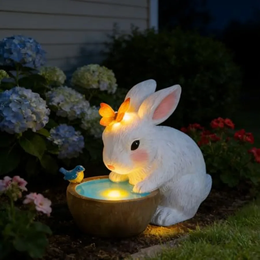 Solar Bunny Garden Outdoor Statues Decor - Birthday Gifts for Mom Rabbit with Butterfly and LED Lights Garden Decor for Home Ho