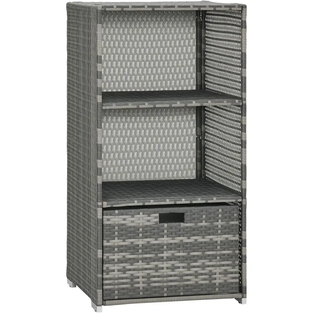 Pool Towel Rack with Waterproof Plastic Rattan Storage Organizer, Suitable for Indoor and Outdoor Use, 2 Shelves and 1 Basket, G