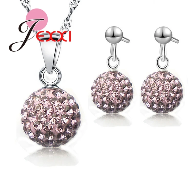 Austrian Pave Disco Ball Stud 925 Sterling Silver Earring Pendant Necklace Austria Crystal Woman Jewelry Sets   Gift