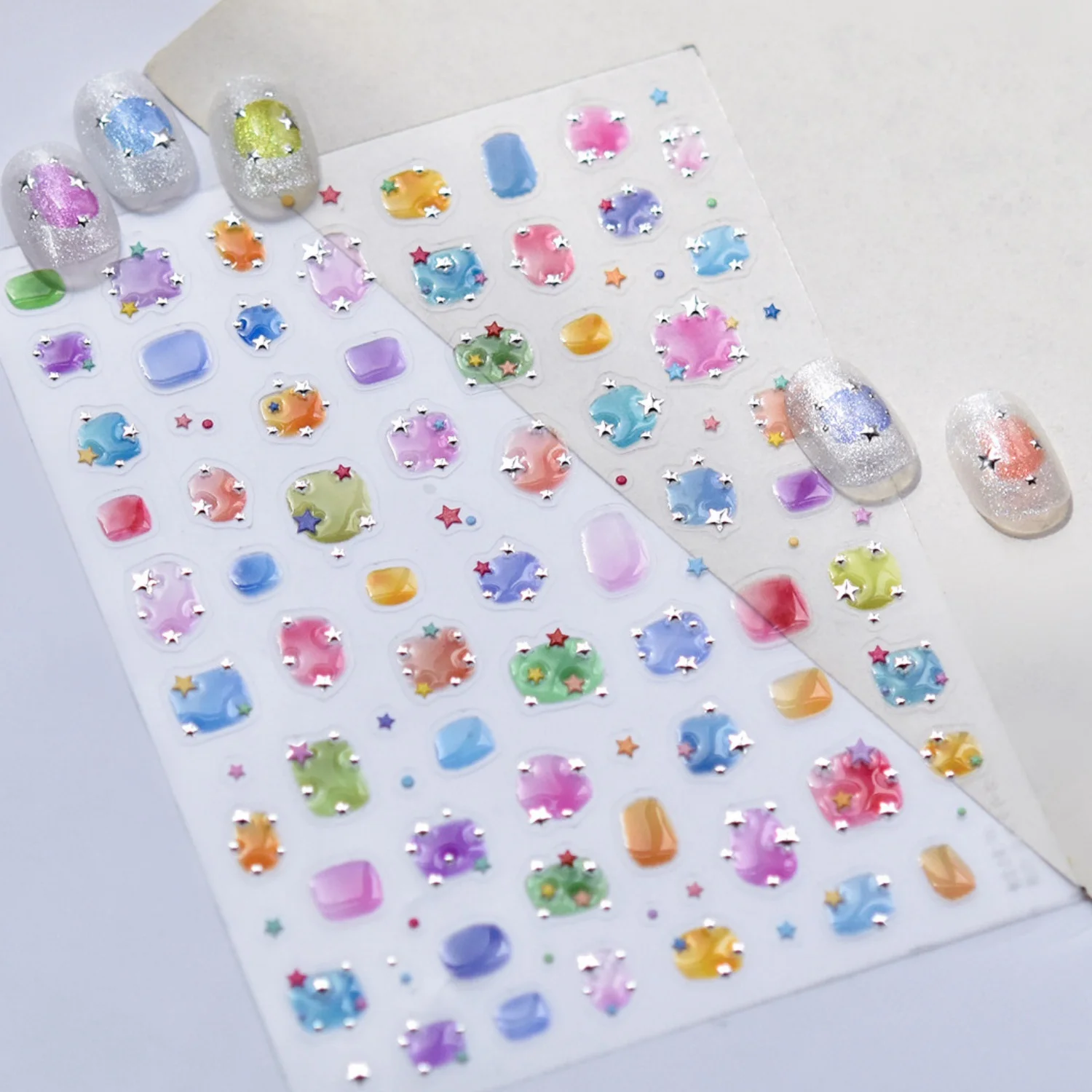 5D Macaron Star Nail Stickers Gradient Smudge Irregular Star Gem Dot Pattern Nail Decals Sweet Candy Color Manicure Nail Decor