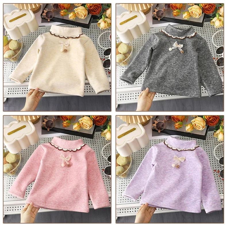 Neues Kinder-Rollkragen-Unterhemd, warmes, mit Fleece gefüttertes Langarm-Unterhemd, verdickte Baby-Basis-Schicht, Kinder-Schleifen-Spitzenkragen – Detail 15