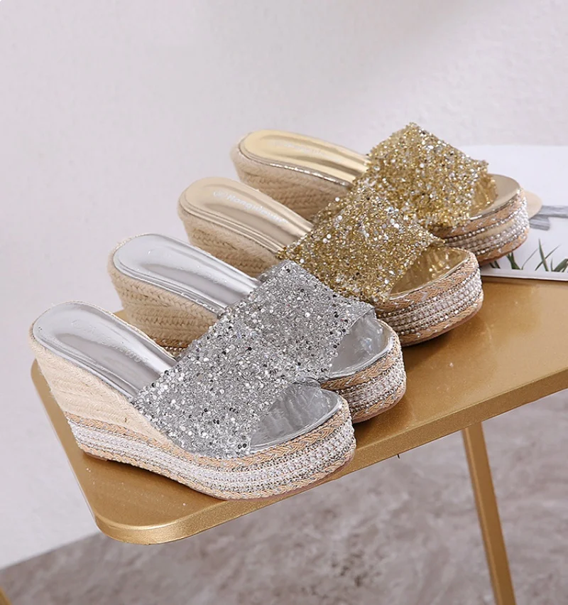 

Slope Heel Sandals Sponge Thick Sole Anti Outer Wear Rhinestone Mesh Red Slippers Fashionable All Match Slope Heel Sandals