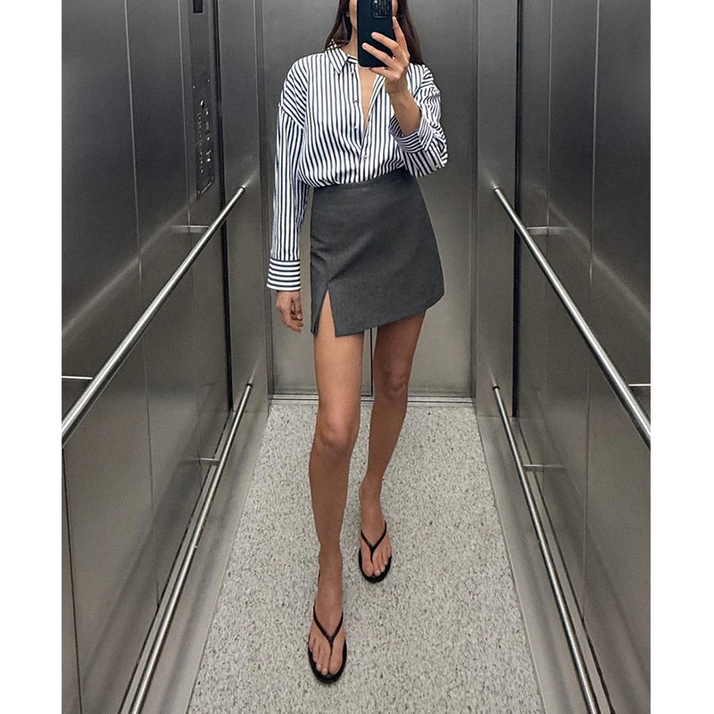 Spring New Women's High Waist Slimming Split Design Commute Skirt Pants Faionable Ensemble ort Sve round Ne Top