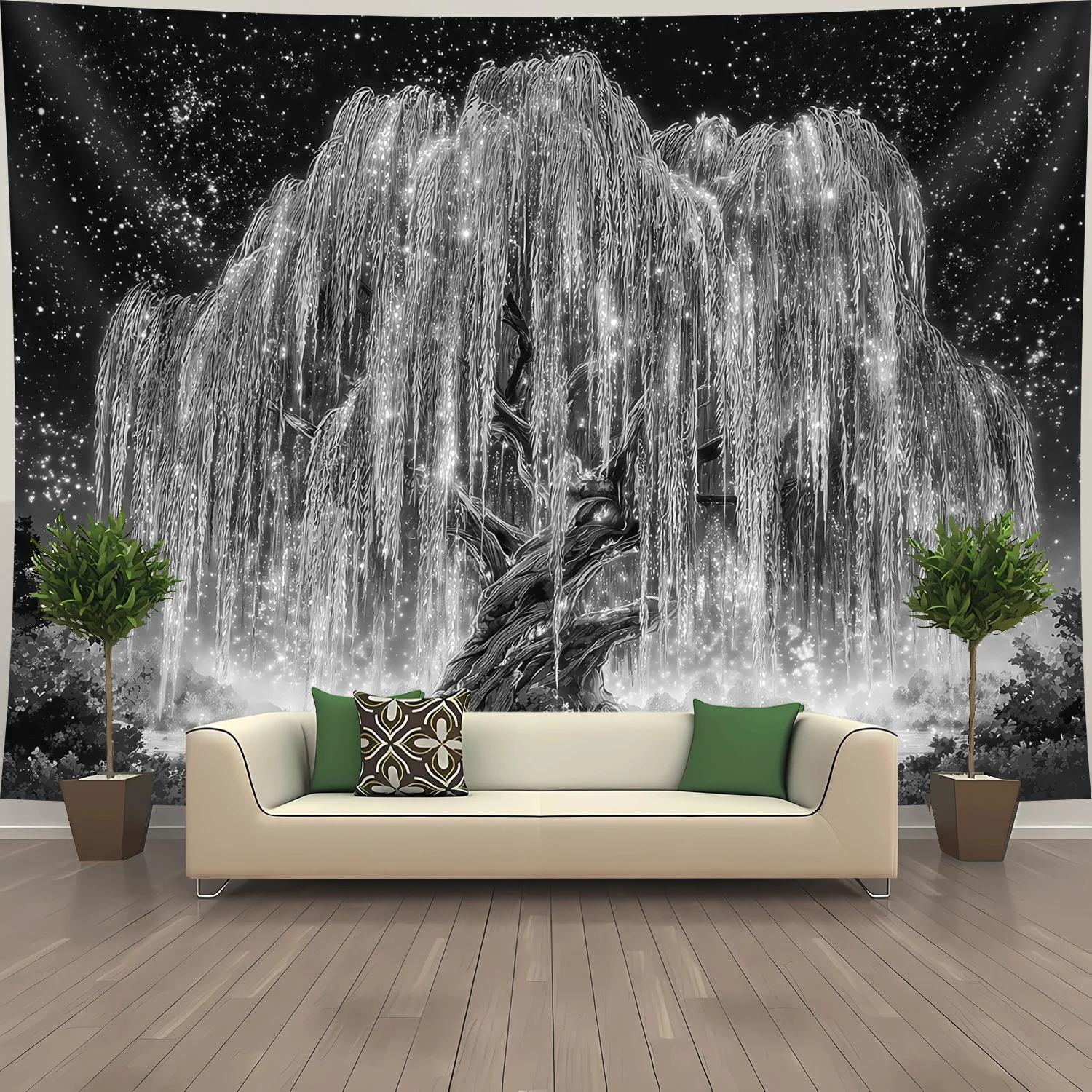 Silver Weeping Willow Tapestry, Glowing Tree with Sparkling Starry Night Sky Art Wall Hanging for Bedroom Living Room Decor
