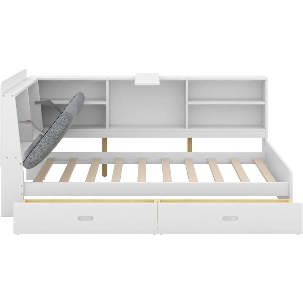 سرير بمنصة مزدوجة بتصميمات Harper & Bright مع لوح رأسي للتخزين، وأرفف ودرجين، وإطار سرير تخزين خشبي مزدوج مع شكل L #6