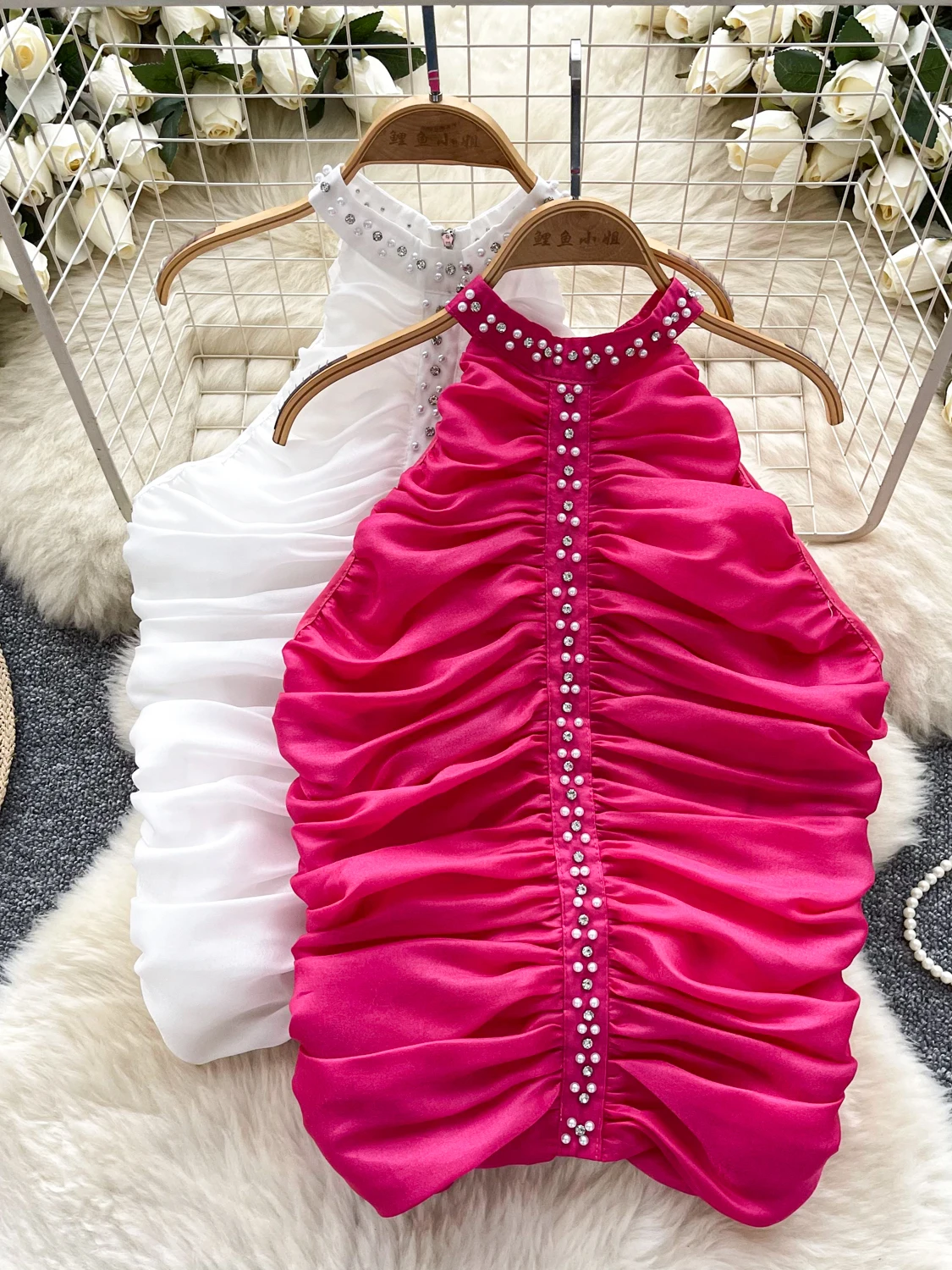 

Beaded Top Women Summer 2025 Svel Ne Hanging Folded Small irt Heavy Embroidery Commute Sle Slim Fit