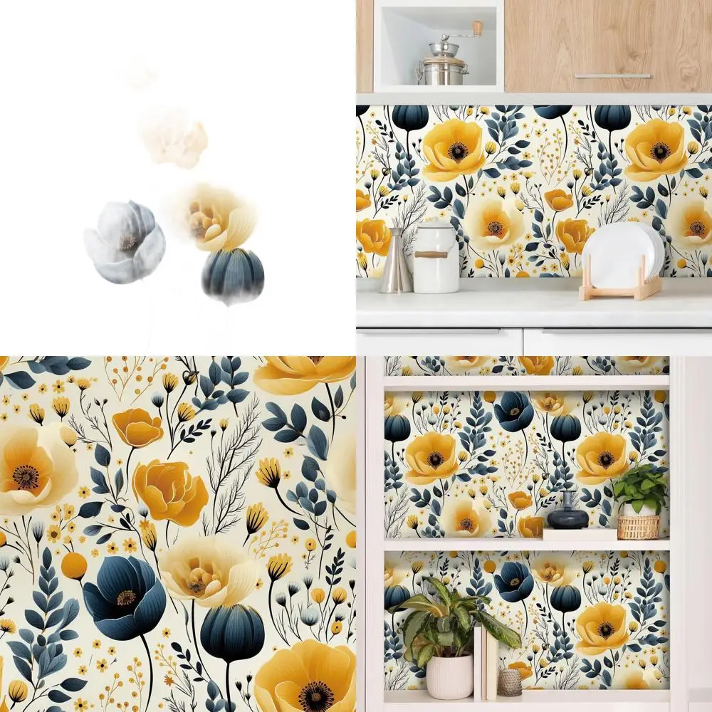 

Винтажные обои с изображением маков, самоклеящиеся, водонепроницаемые, темно-синие и желтые, съемные, для ванной и ящиков, Ботанический сад