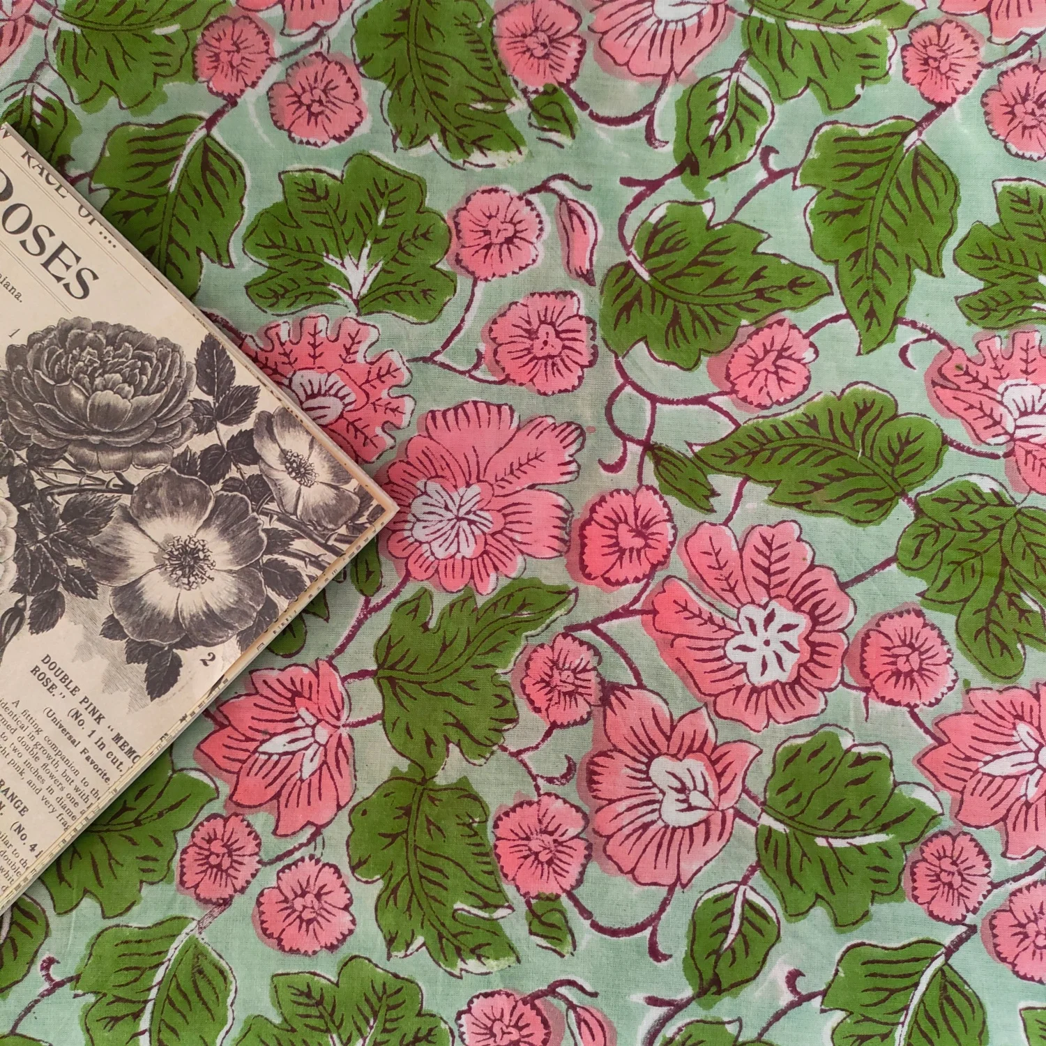 

Sustainability India Wood Block Printing lightweight Soft Green Pink Floral Cotton Fabric Hand Block Print Dressmaking Material