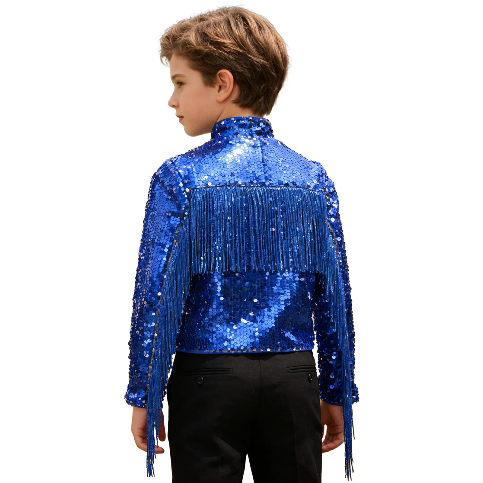 Shiny Disco Boys Tassels Sequin Jacket Top Long Sleeve Zipper Fringe Coat Outerwear Hip Hop Street Jazz Dance Cowboy Costumes