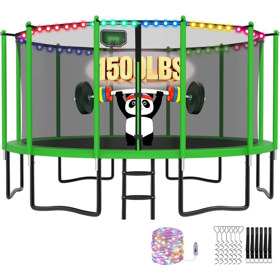 

Trampoline 1500LBS 8-16FT for Adults No-Gap Design with Basketball Hoop Widened Ladder Waterproof Lights Heavy Duty Recreationa