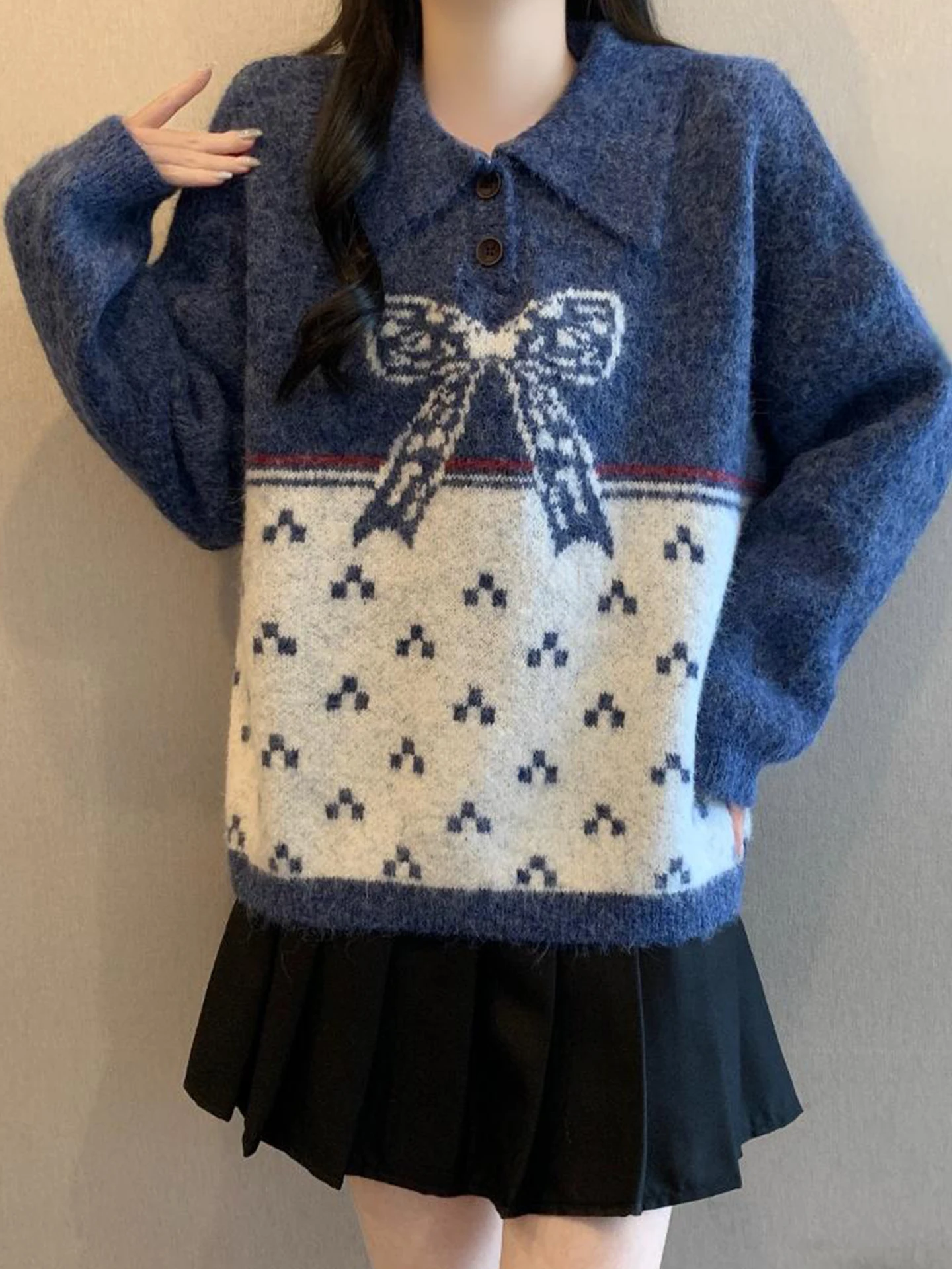 

Blue Ne Knitted Sweater with Knot for Women Autumn Winter plus Size Warm Faionable Inner Wear Top