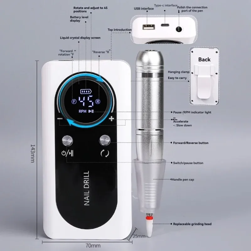 B47B-Gel-taladro eléctrico Compatible con esmalte de uñas, 45000RPM, con pantalla LCD, lima de uñas recargable, accesorios para uñas
