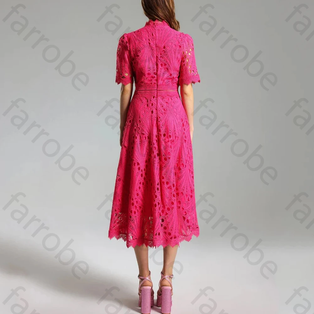 Lace Embroidered Hollow Out Evening Dresses O-Neck Short Sleeve High Waist A-Line Dress Exquisite Prom Party Gowns Customized