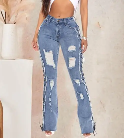 Herbstlich gebürstet, zerrissen, Loch durch Seildesign, eng anliegende Jeans für Damen, trendige und personalisierte Jeans mit hoher Taille