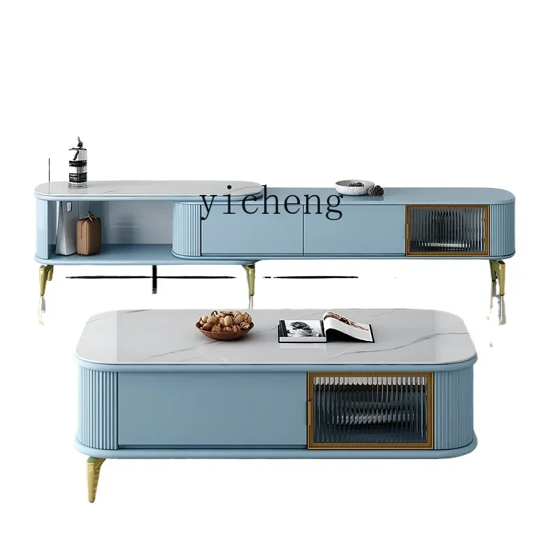 light luxury blue telescopic rock slab coffee table TV cabinet combination modern simple living room small apartment