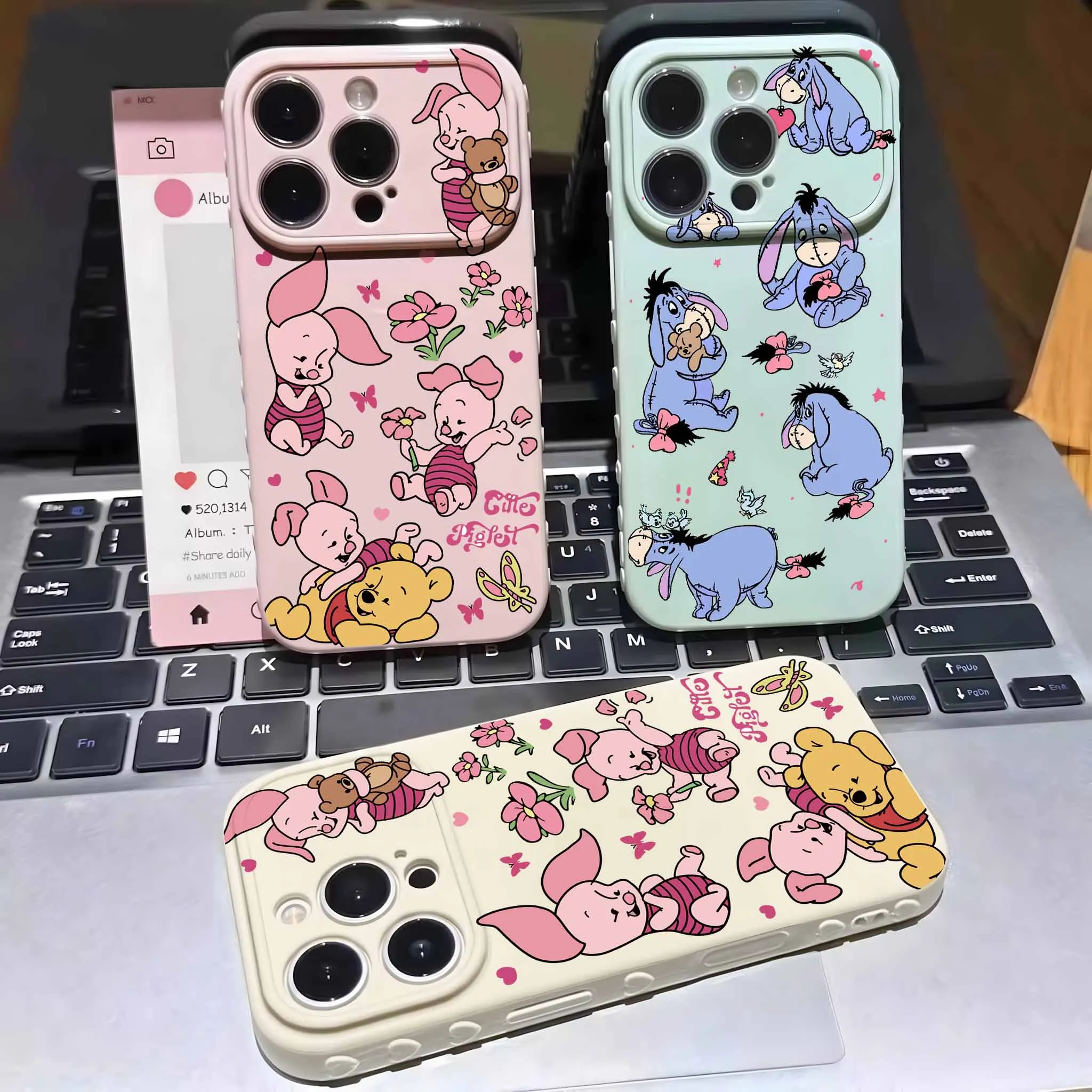 Funda de silicona suave con diseño de burbujas y corazones de Cerdito y Eeyore para Apple iPhone 17 16 15 14 13 12 Mini 11 Pro Max