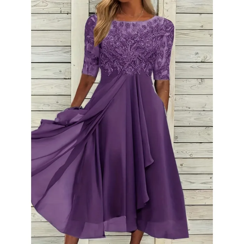 2025 Nieuwe dames chiffon kant contrasterende uitsnijding maxi bruidsmeisjes avondjurk