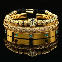 Luxury Black Stone Beads Leopard Head Man Bracelet Enamel Stainless Steel Roman Bangles Women Jewelry Set